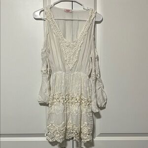 Scandal Italy Cream Lace Silk Blend Open Sleeve Mini Dress